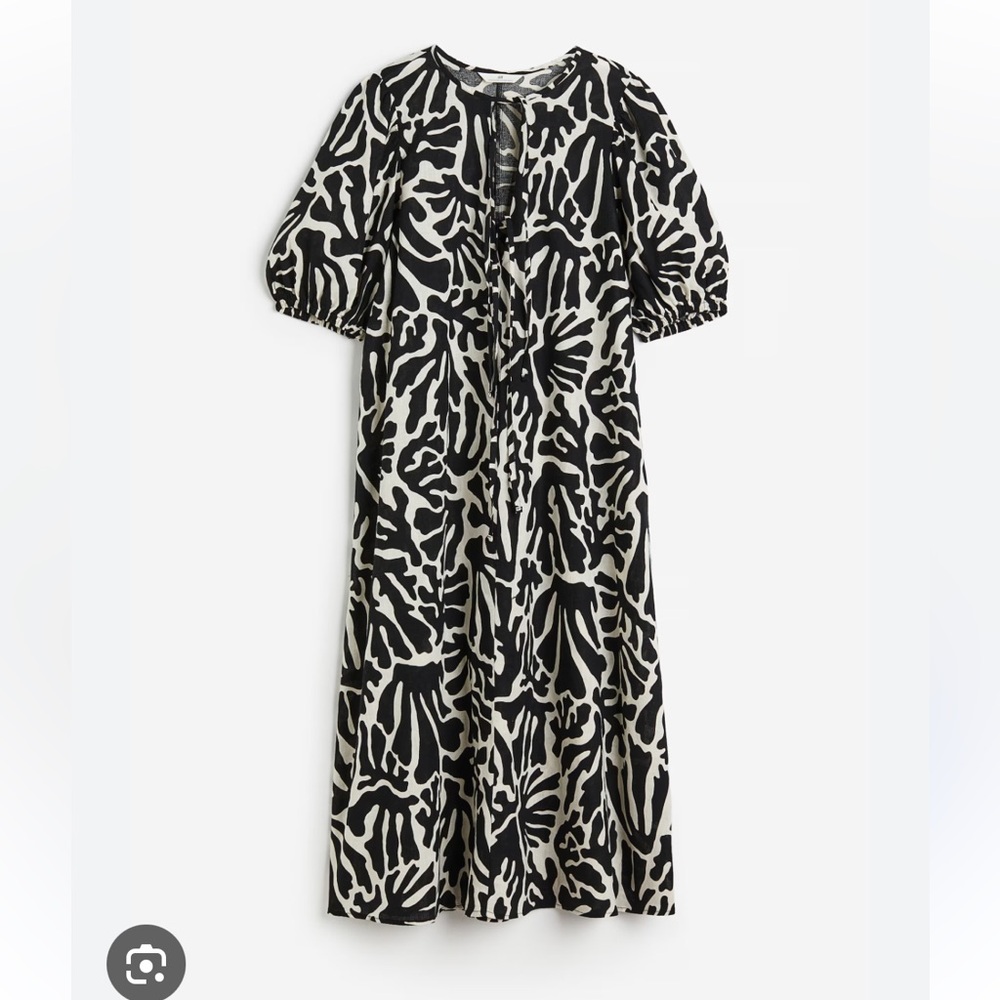 Black and White Printed Linen Blend Dress with Puff Sleeve